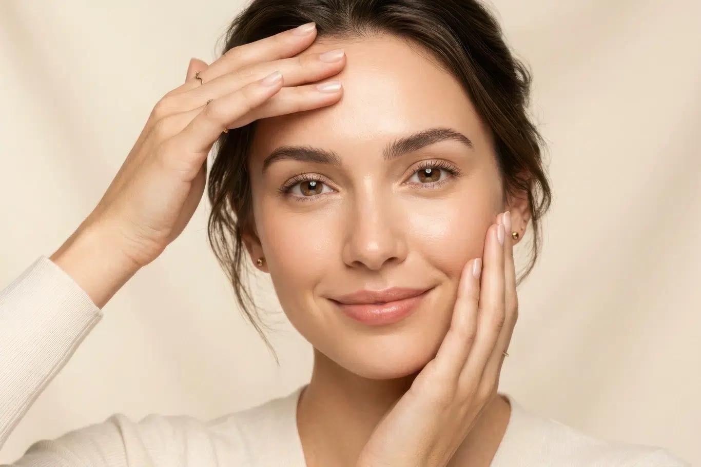 Woman with glowing skin gently touching face, smiling